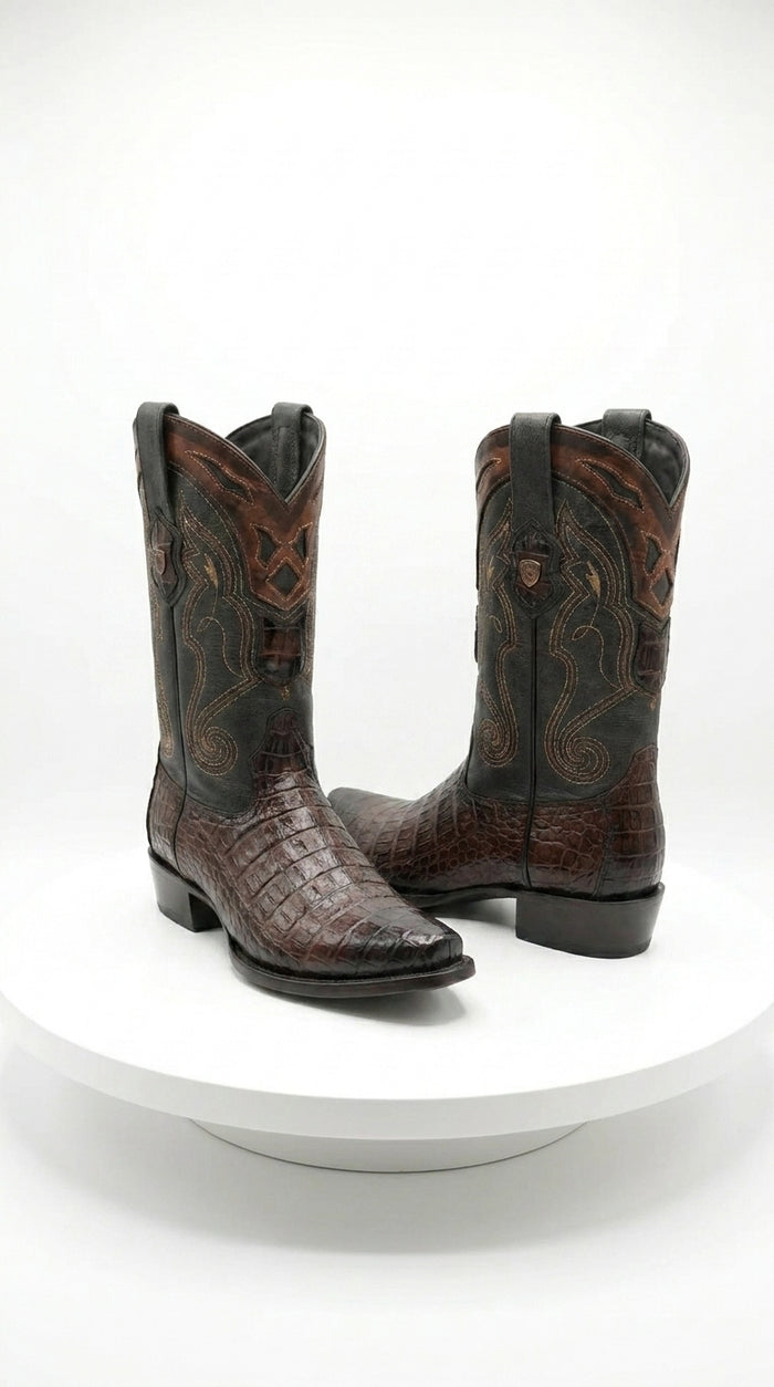 Men’s Brown Caiman Snip Toe Cowboy Boots with Embroidered Shaft, Exotic Western Dress Boots