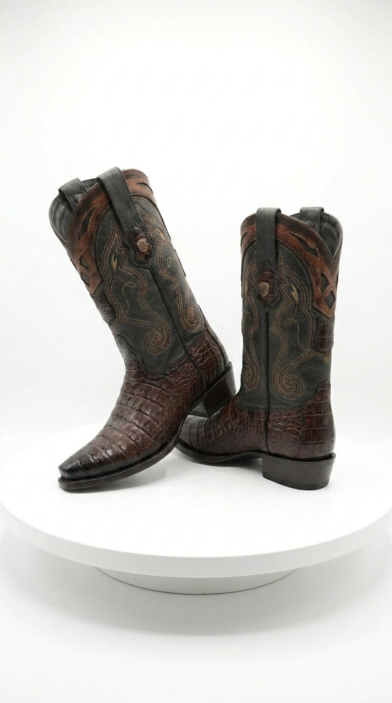 Men’s Brown Caiman Snip Toe Cowboy Boots with Embroidered Shaft, Exotic Western Dress Boots