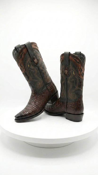 Men’s Brown Caiman Snip Toe Cowboy Boots with Embroidered Shaft, Exotic Western Dress Boots