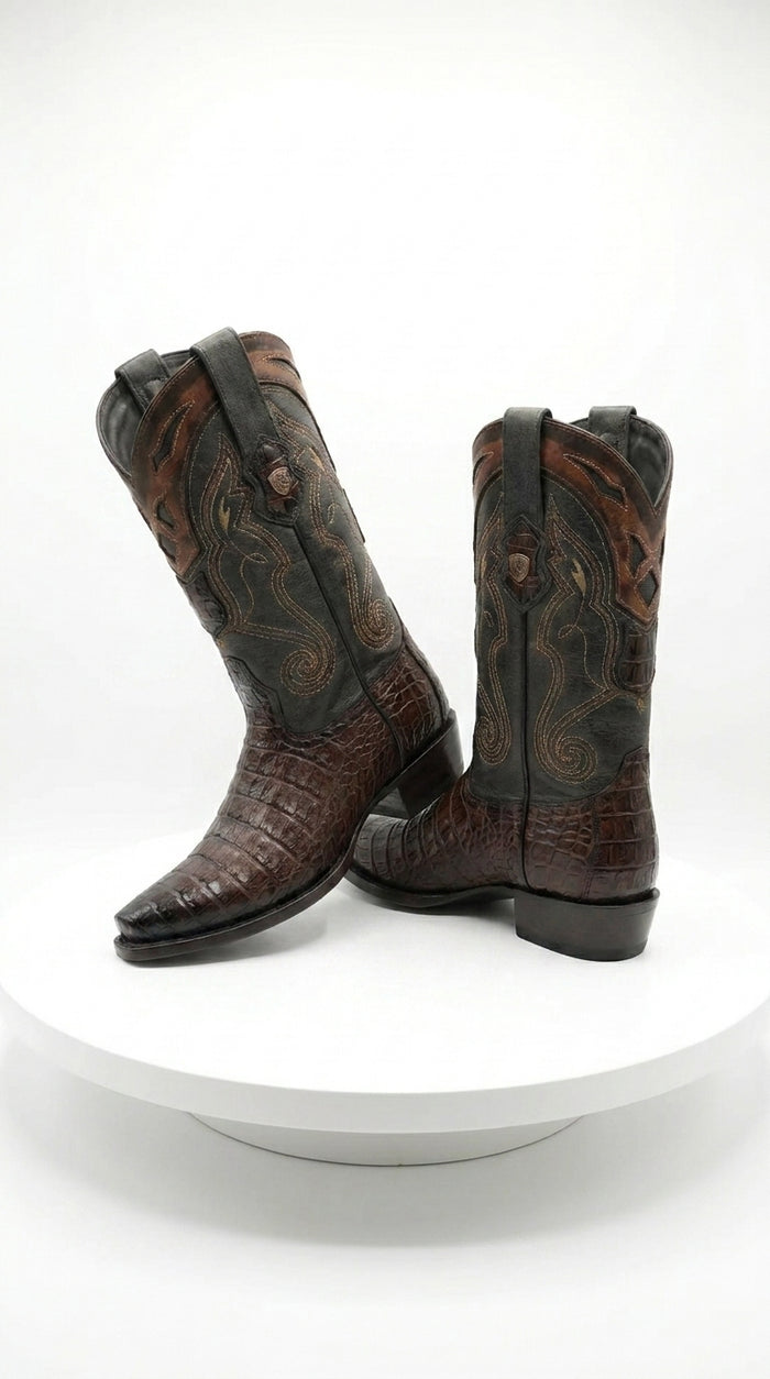 Men’s Brown Caiman Snip Toe Cowboy Boots with Embroidered Shaft, Exotic Western Dress Boots