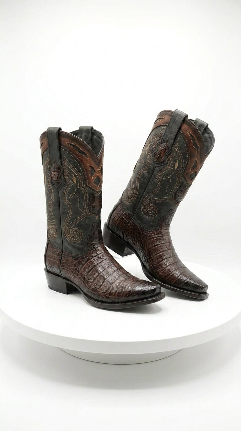 Men’s Brown Caiman Snip Toe Cowboy Boots with Embroidered Shaft, Exotic Western Dress Boots