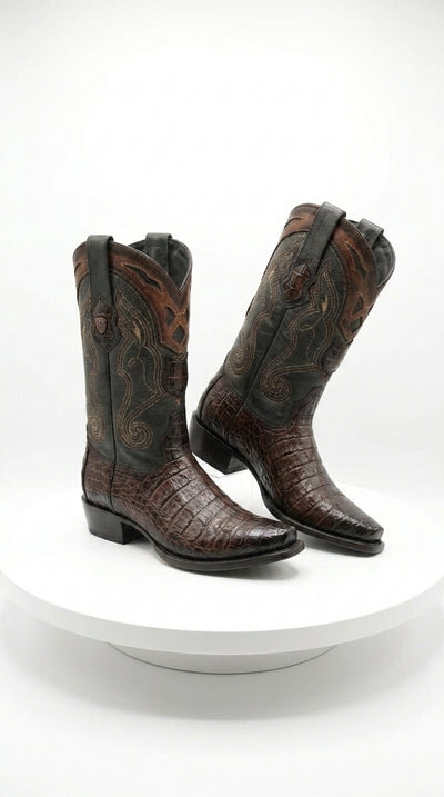 Men’s Brown Caiman Snip Toe Cowboy Boots with Embroidered Shaft, Exotic Western Dress Boots