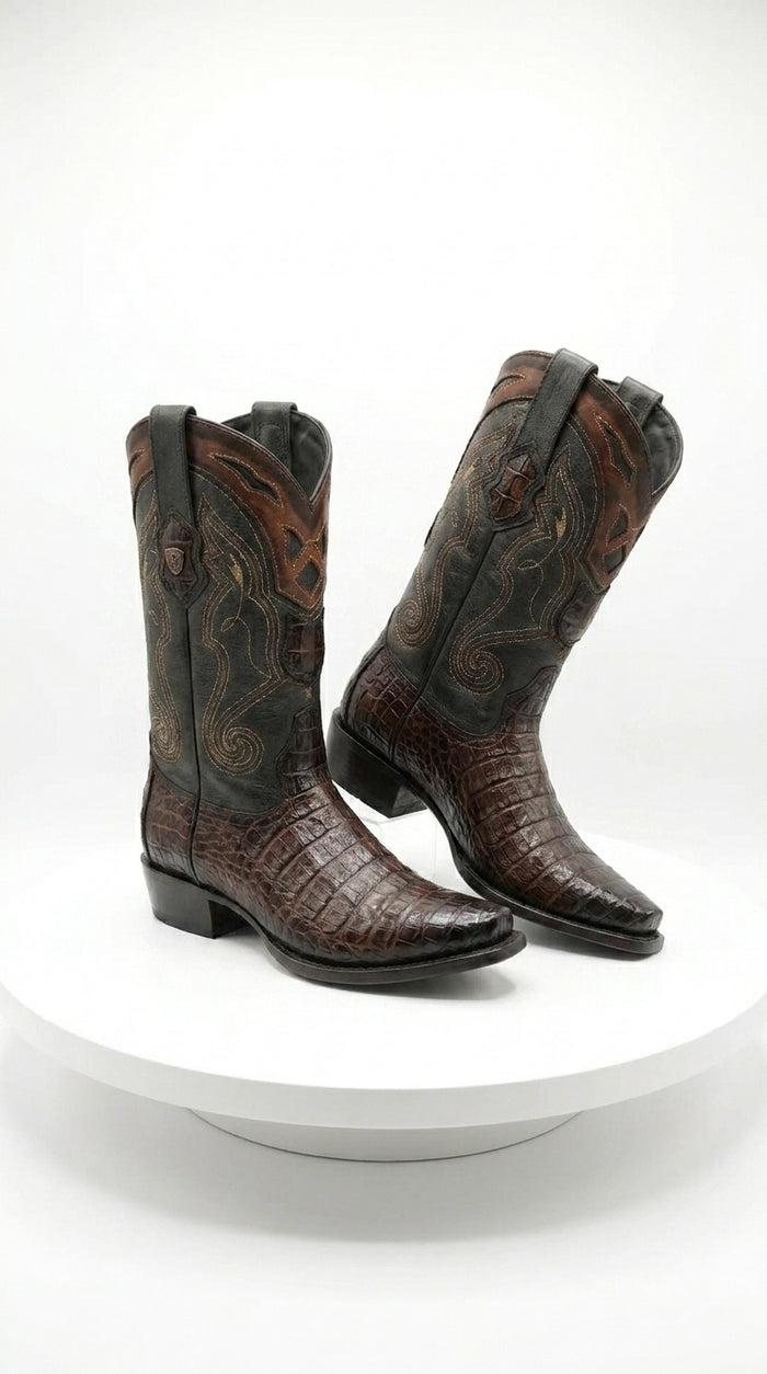 Men’s Brown Caiman Snip Toe Cowboy Boots with Embroidered Shaft, Exotic Western Dress Boots