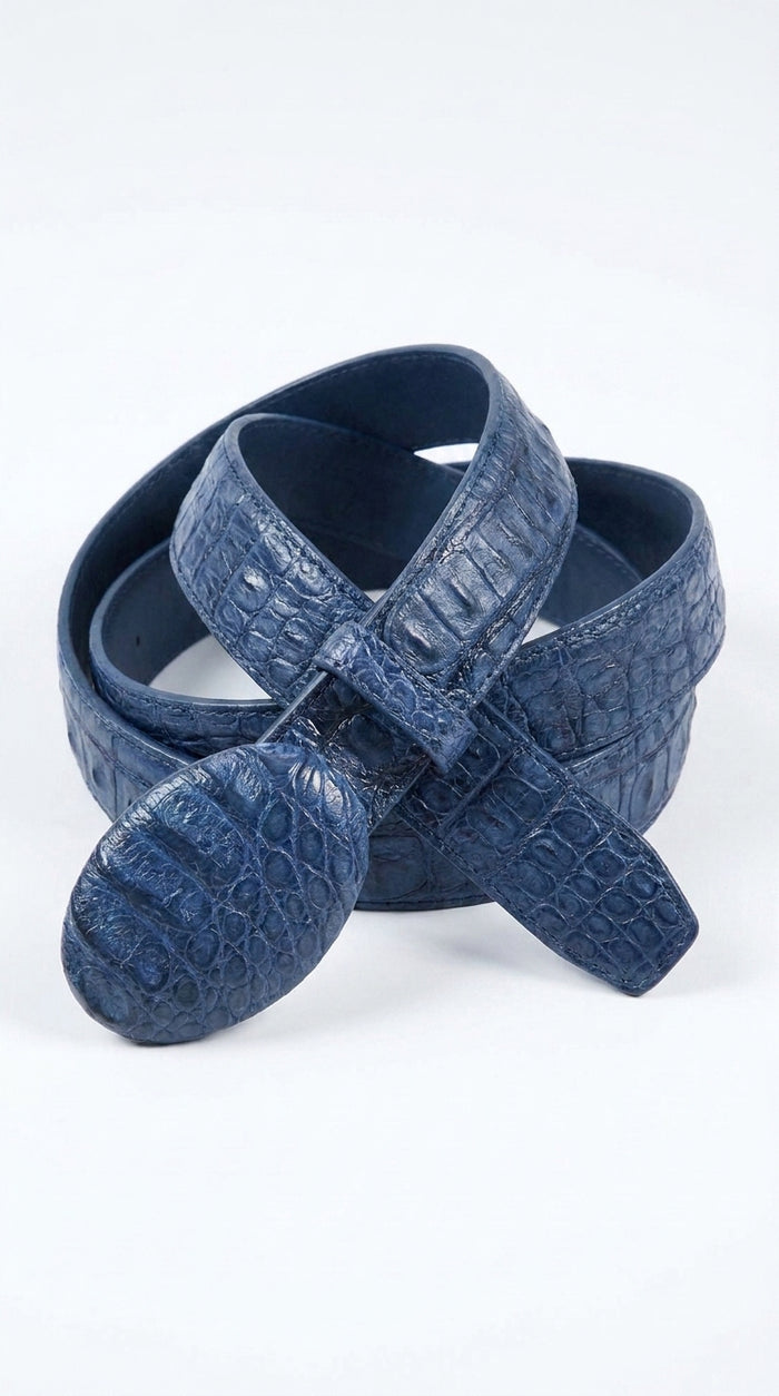 Men’s Navy Blue Caiman Crocodile Western Belt – Exotic Cowboy Belt with Matching Buckle Detail