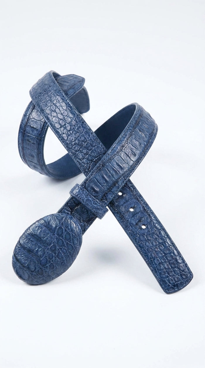 Men’s Navy Blue Caiman Crocodile Western Belt – Exotic Cowboy Belt with Matching Buckle Detail