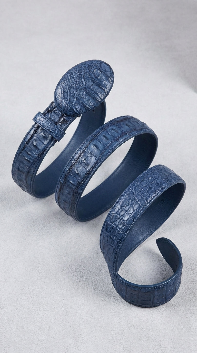 Men’s Navy Blue Caiman Crocodile Western Belt – Exotic Cowboy Belt with Matching Buckle Detail