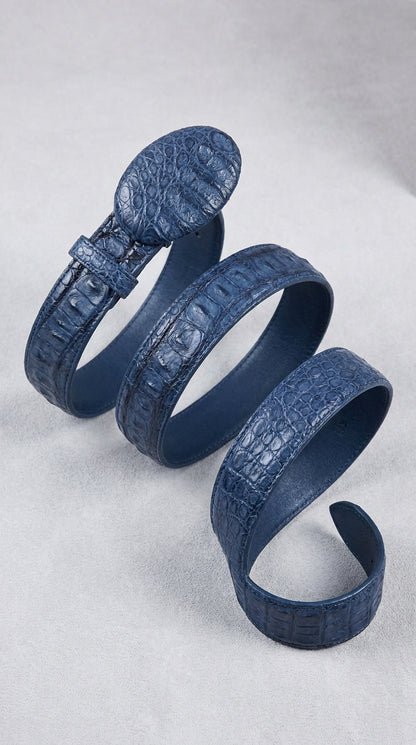 Men’s Navy Blue Caiman Crocodile Western Belt – Exotic Cowboy Belt with Matching Buckle Detail