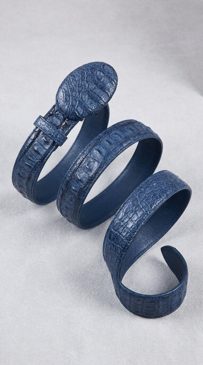 Men’s Navy Blue Caiman Crocodile Western Belt – Exotic Cowboy Belt with Matching Buckle Detail
