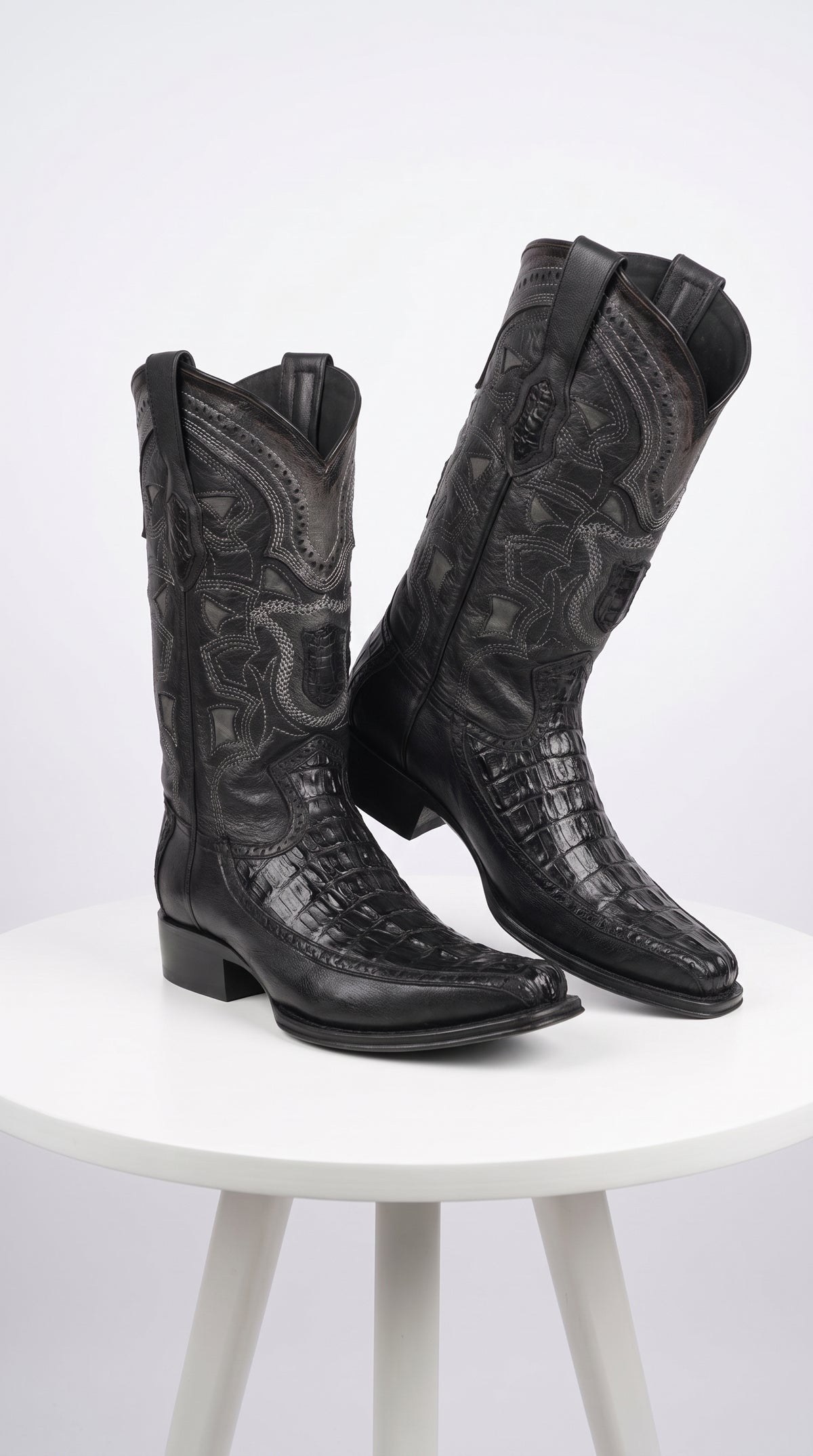 Men’s Black Caiman Crocodile and Deer Western Boots LAB-76F0105, European Toe Exotic Cowboy Dress Boots
