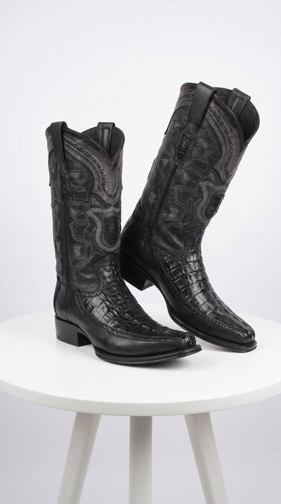 Men’s Black Caiman Crocodile and Deer Western Boots LAB-76F0105, European Toe Exotic Cowboy Dress Boots