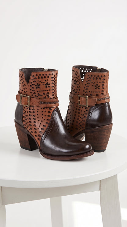 Women’s Brown Leather Short Boots, Oval Toe Ankle Boots with Buckle and Cutout Detail