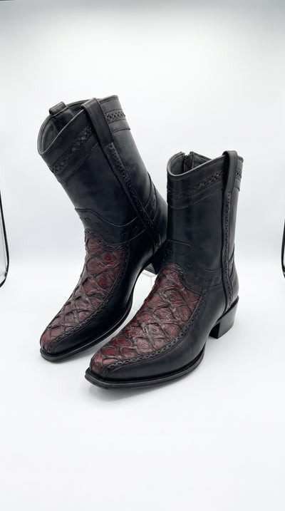 Los Altos Men's Genuine Monster Fish Skin Short Boots – Black Cherry Exotic Leather European Toe Western Cowboy Boots