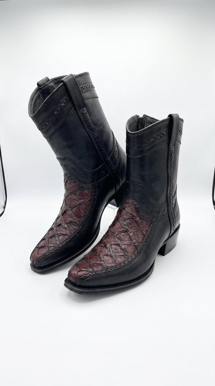 Los Altos Men's Genuine Monster Fish Skin Short Boots – Black Cherry Exotic Leather European Toe Western Cowboy Boots