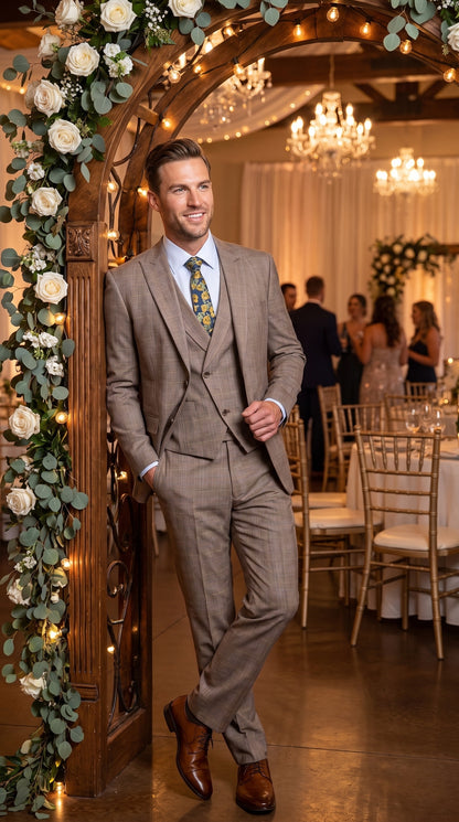 Men’s Tan Plaid 3 Piece Suit, 2 Button Vested Peak Lapel Formal Wedding Business Suit
