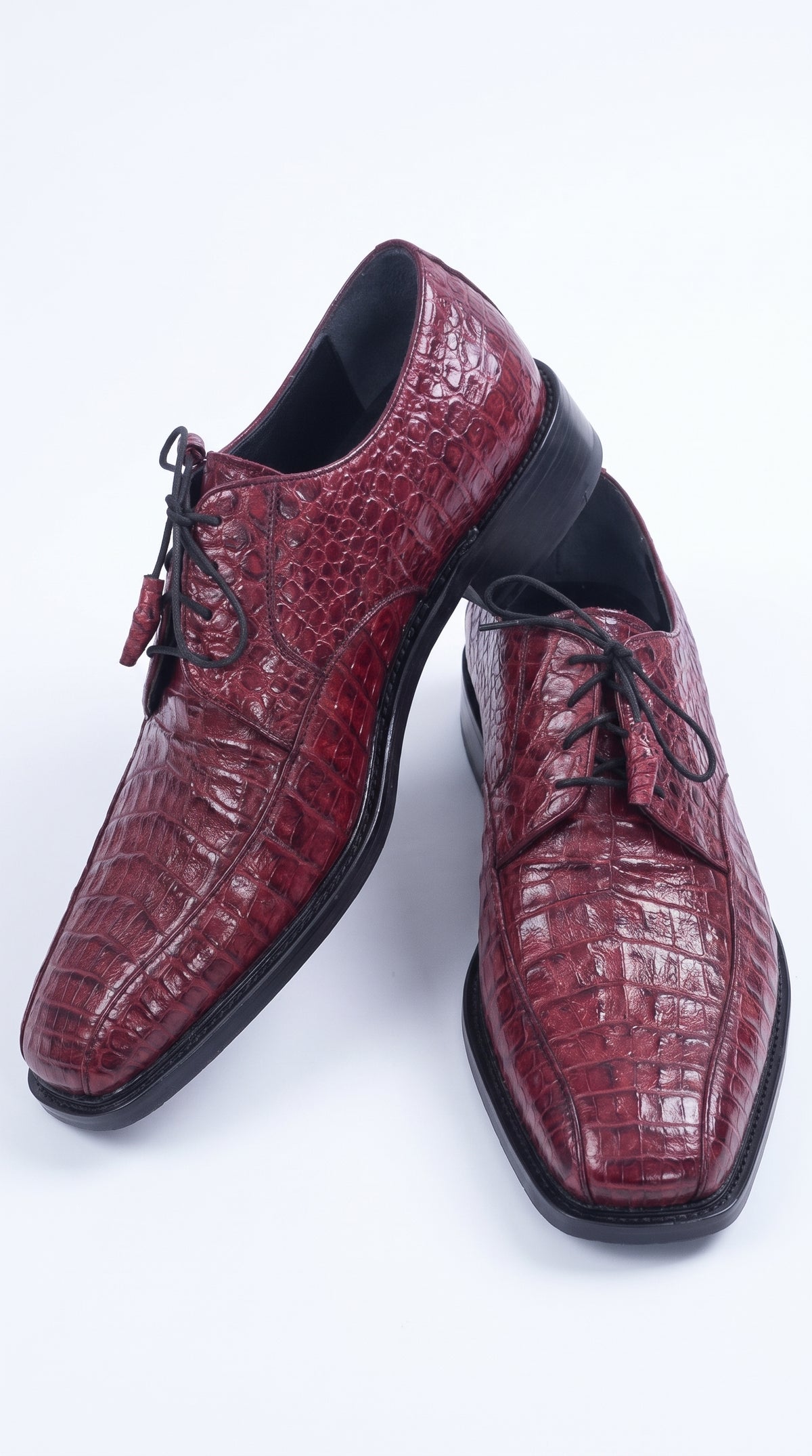 Los Altos Men’s Burgundy Caiman Belly Exotic Leather Shoes – Bicycle Toe Lace-Up Dress Shoes