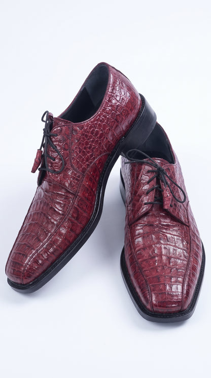 Los Altos Men’s Burgundy Caiman Belly Exotic Leather Shoes – Bicycle Toe Lace-Up Dress Shoes