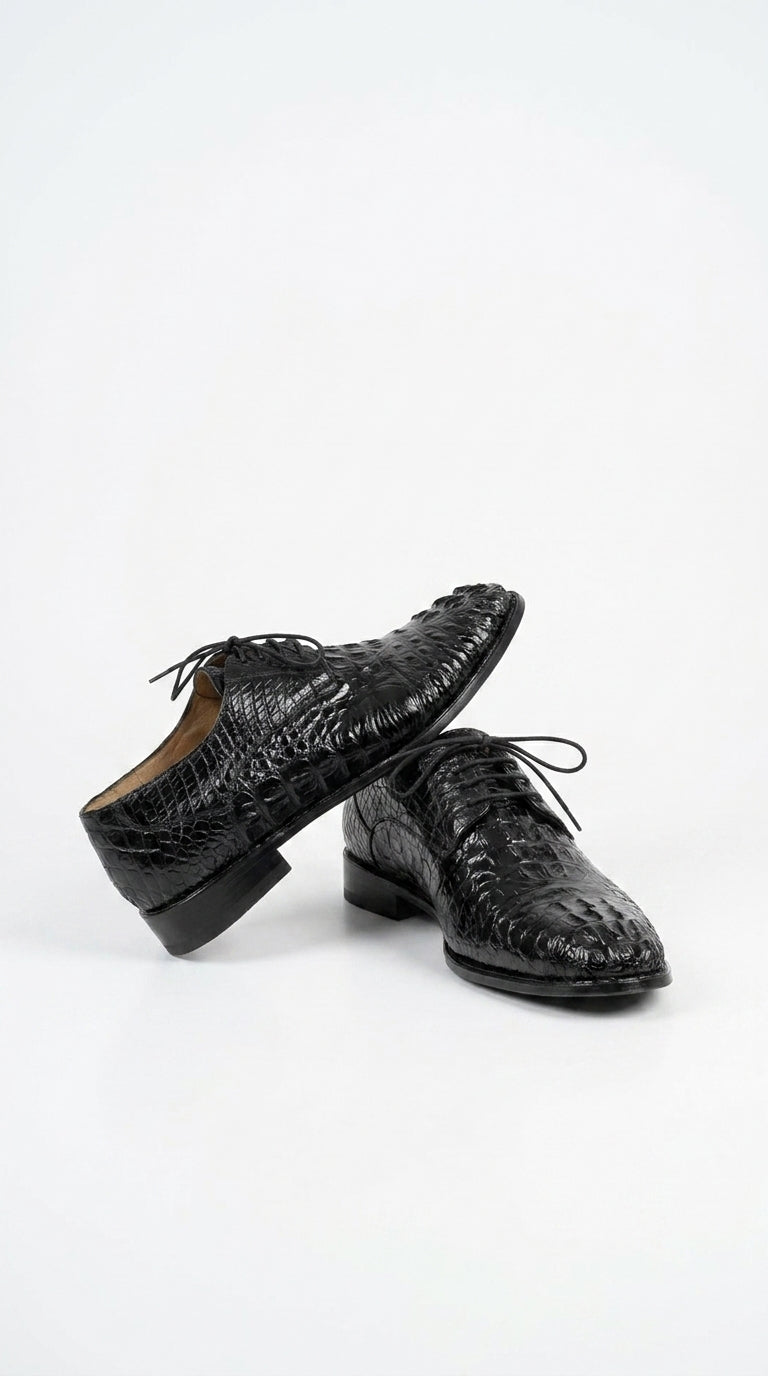 Los Altos Men’s Black Caiman Hornback Plain Toe Shoes, Exotic Lace-Up Formal Dress Shoes