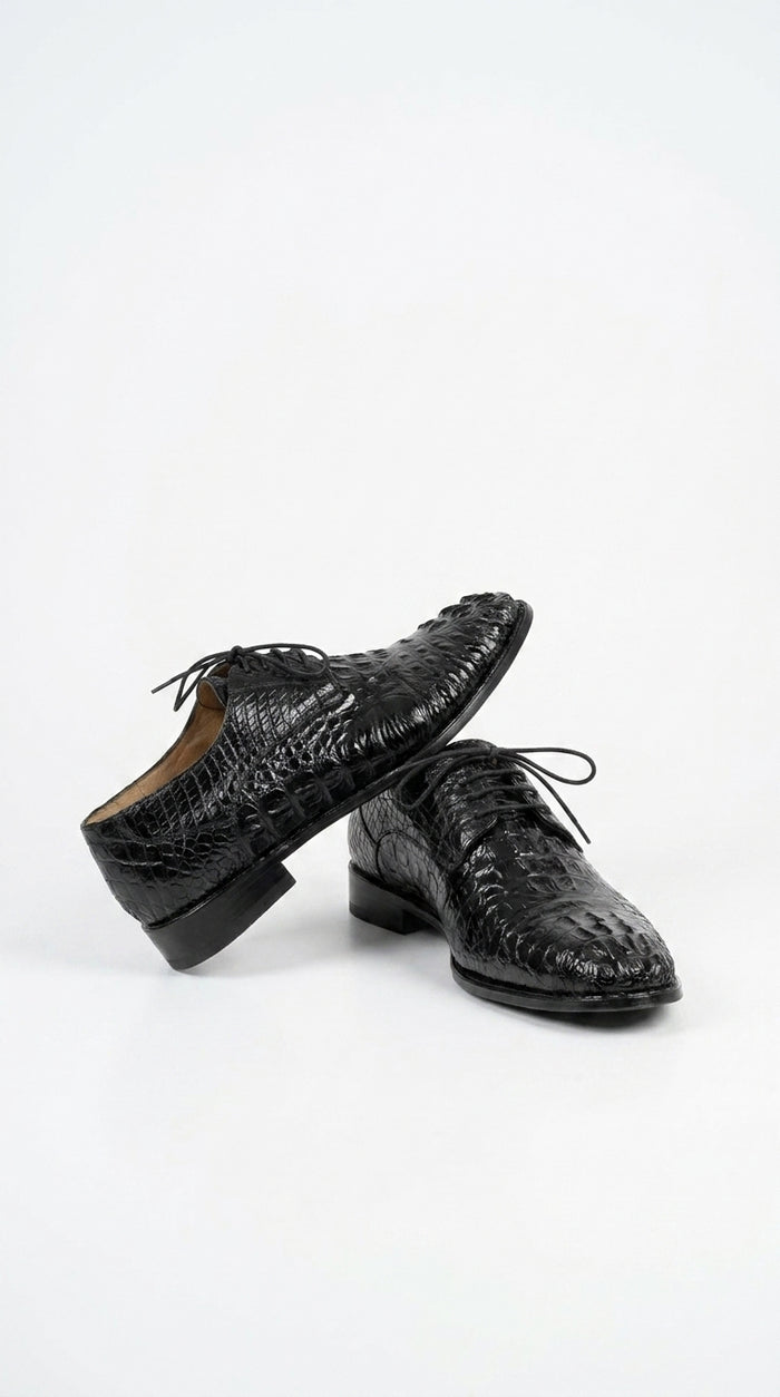 Los Altos Men’s Black Caiman Hornback Plain Toe Shoes, Exotic Lace-Up Formal Dress Shoes