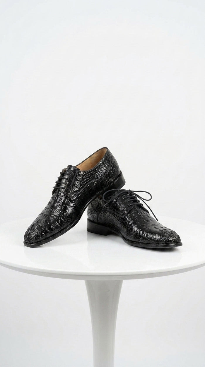 Los Altos Men’s Black Caiman Hornback Plain Toe Shoes, Exotic Lace-Up Formal Dress Shoes