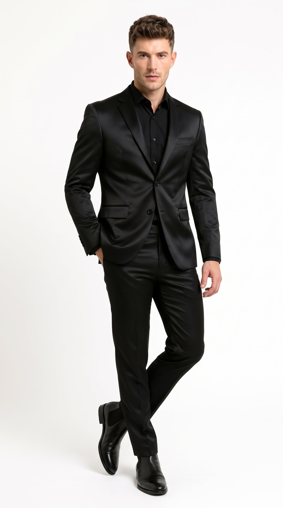 Men’s Black Satin Flex 2 Piece Suit, Slim Fit Sport Coat and Matching Pants Formal Dress Suit