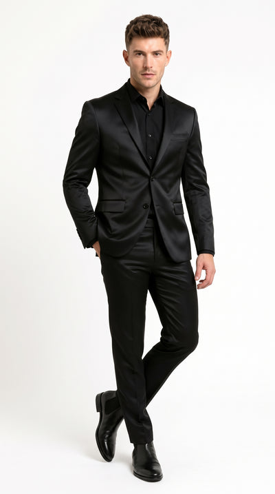 Men’s Black Satin Flex 2 Piece Suit, Slim Fit Sport Coat and Matching Pants Formal Dress Suit