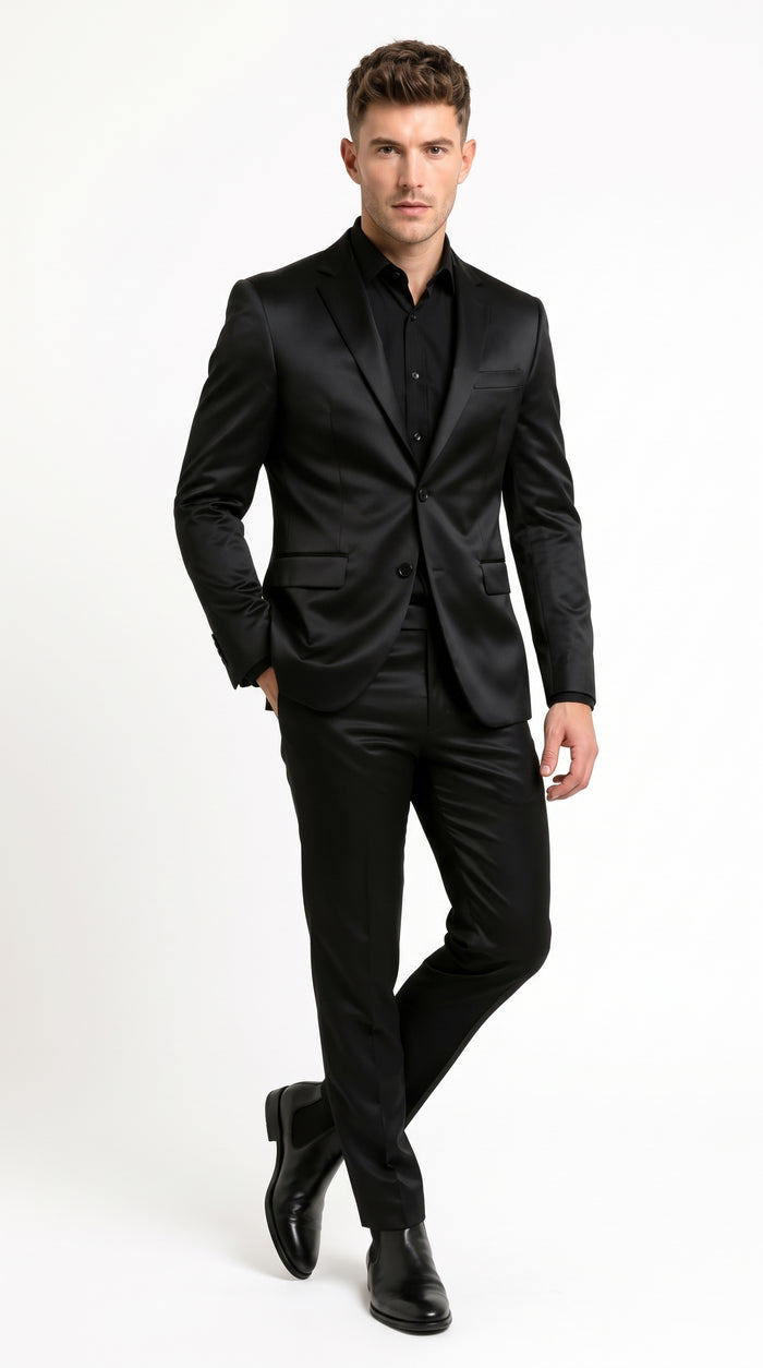 Men’s Black Satin Flex 2 Piece Suit, Slim Fit Sport Coat and Matching Pants Formal Dress Suit