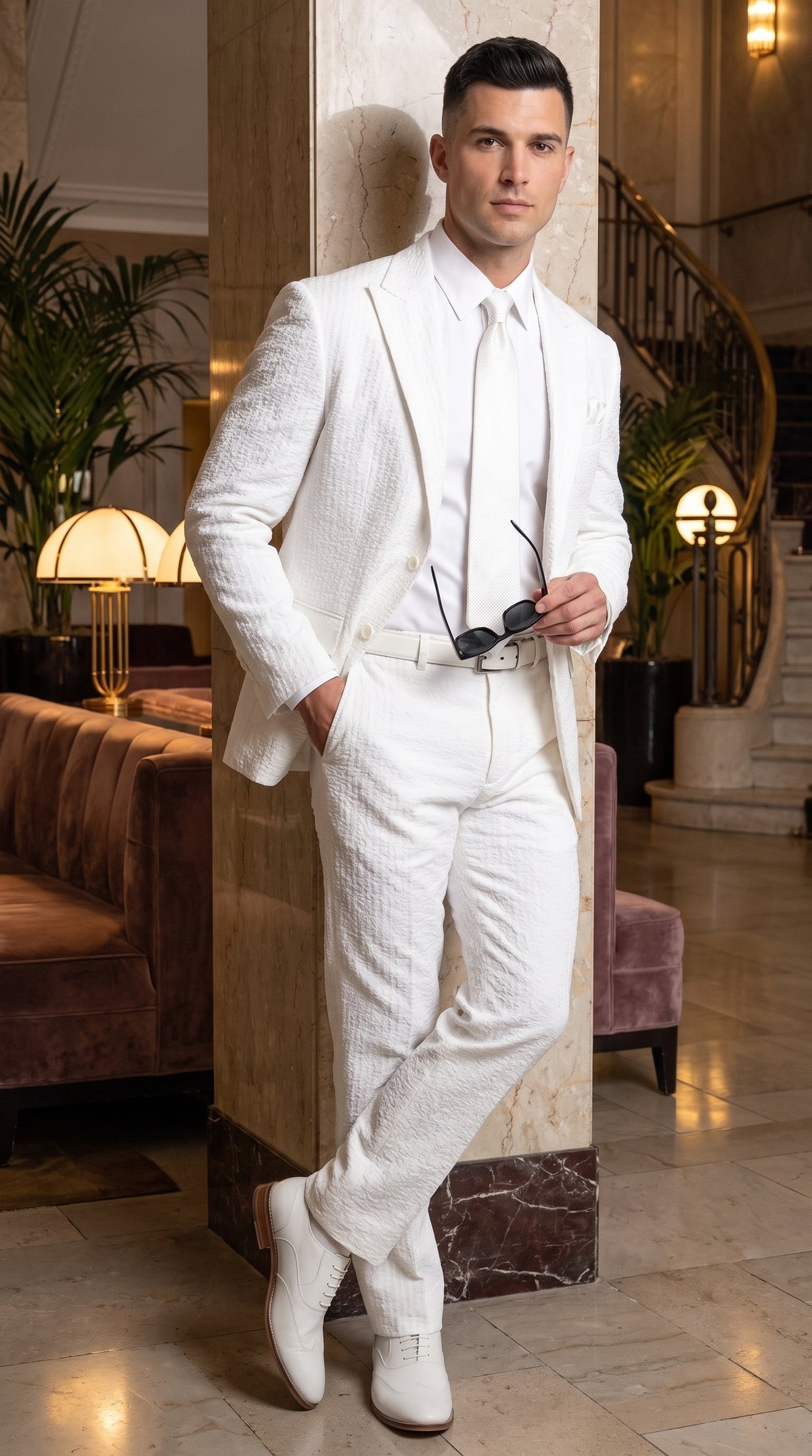 Men’s Premium White Cotton Seersucker Stripe Suit – Lightweight Summer Wedding & Formal Suit
