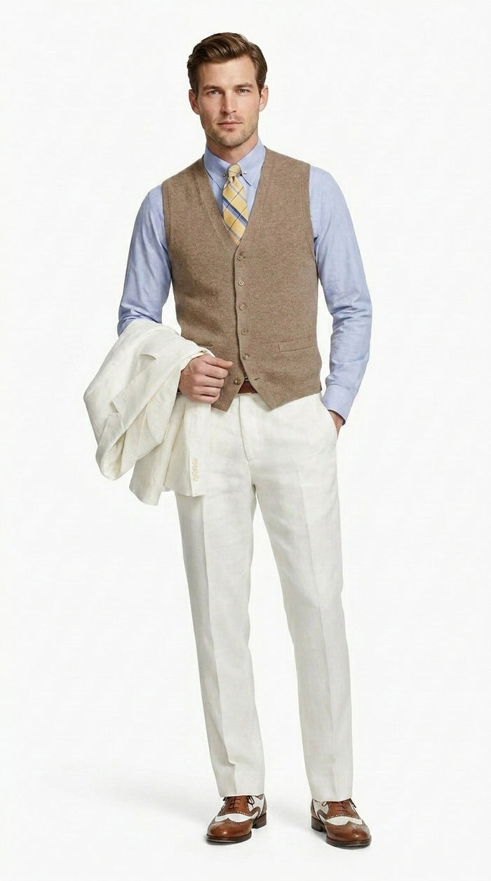 Men’s Ivory Great Gatsby Vested Suit with Brown Vest, Peak Lapel Vintage Wedding Suit