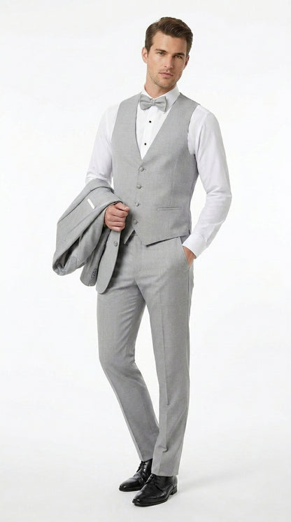 Men’s Light Grey Marseille 1 Button Peak Lapel Tuxedo with Satin Trim, Designer Wedding Suit