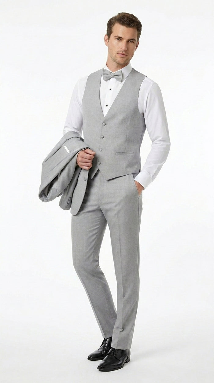 Men’s Light Grey Marseille 1 Button Peak Lapel Tuxedo with Satin Trim, Designer Wedding Suit