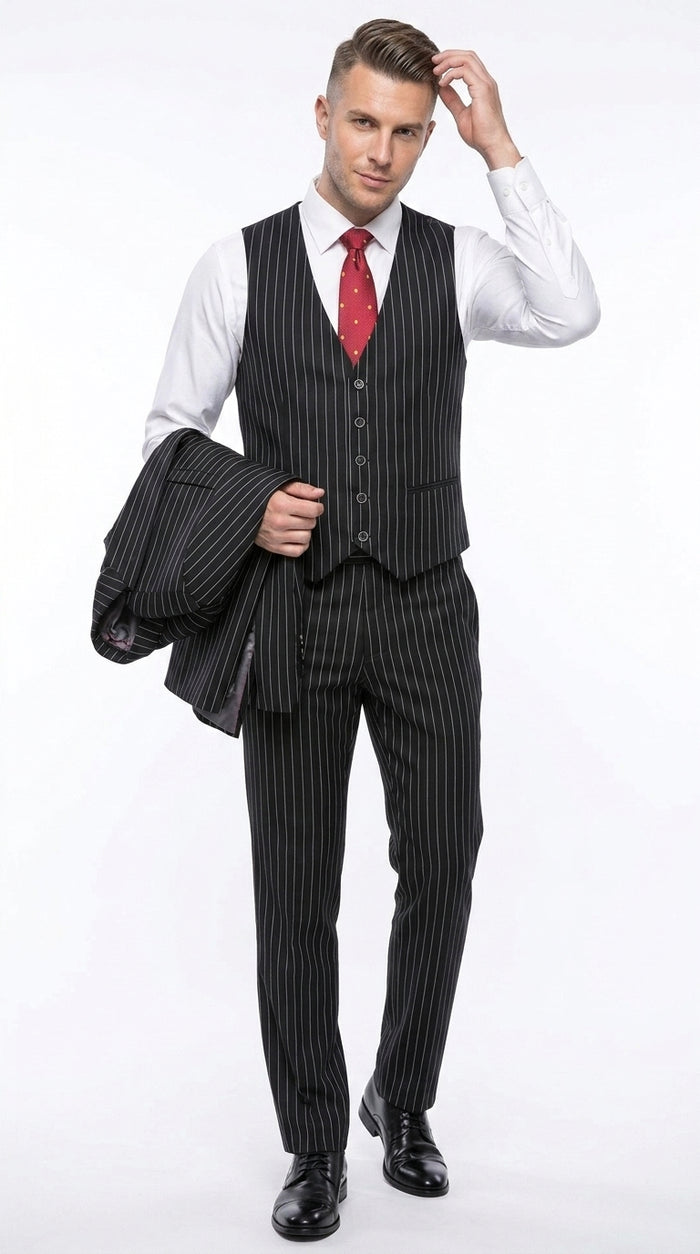 Men’s Black Bold Pinstripe 1920s Suit, Vintage 3 Piece Gangster Suit, Big and Tall Prom Outfit