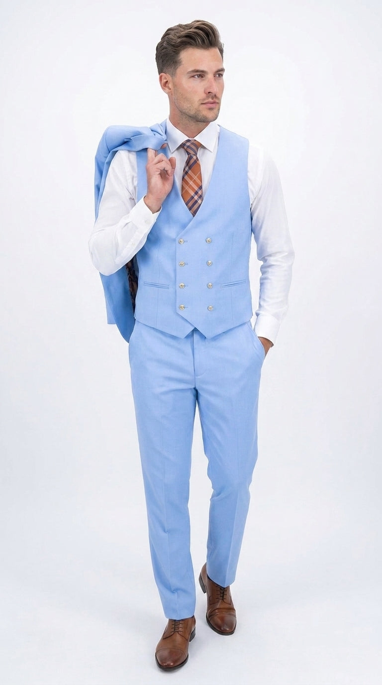 Statement Men’s Light Blue 3 Piece 100% Wool Fashion Suit, Bold Color Formal Wedding Suit