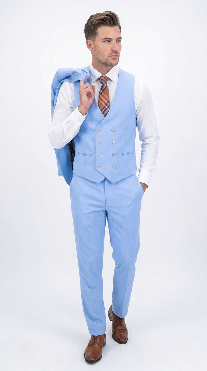 Statement Men’s Light Blue 3 Piece 100% Wool Fashion Suit, Bold Color Formal Wedding Suit