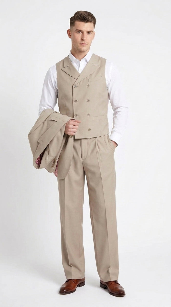 Tiglio Rosso Men’s Tan 3-Piece Italian Wool Suit – Classic Fit Peak Lapel Suit with Double-Breasted Vest and Pleated Wide-Leg Pants