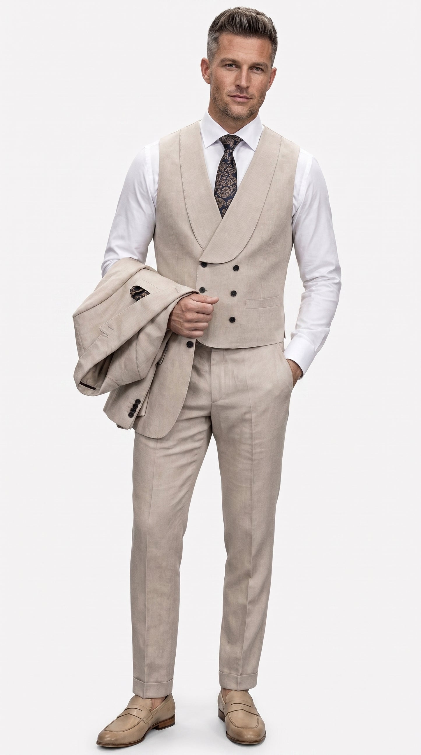 Statement Men’s Tan Wool Suit with Double Breasted Vest, Single Button Big Lapel Formal Dress Suit