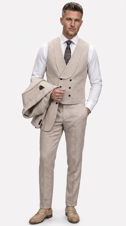 Statement Men’s Tan Wool Suit with Double Breasted Vest, Single Button Big Lapel Formal Dress Suit