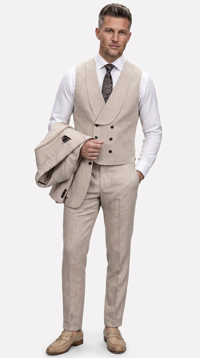 Statement Men’s Tan Wool Suit with Double Breasted Vest, Single Button Big Lapel Formal Dress Suit