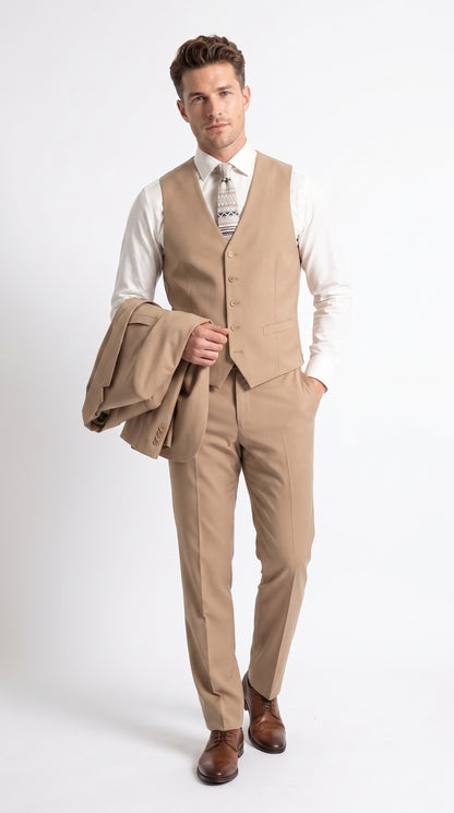Apollo King Men’s Camel Classic Fit Vested Suit, 3 Piece Formal Wedding Business Dress Suit