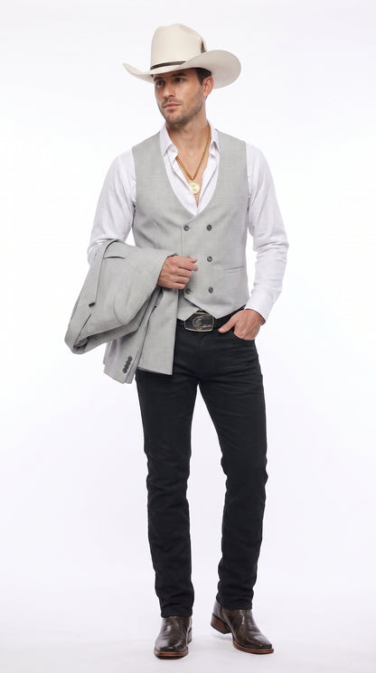 Men’s Light Gray Western Suit Blazer with Double-Breasted Vest, Modern Cowboy Formal Jacket Outfit
