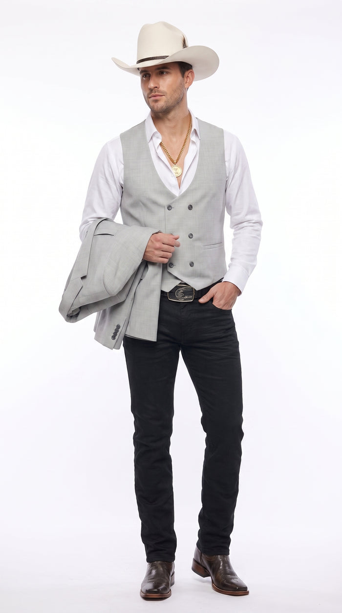 Men’s Light Gray Western Suit Blazer with Double-Breasted Vest, Modern Cowboy Formal Jacket Outfit