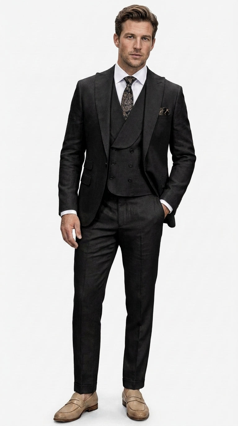 Statement Men’s Tan Wool Suit with Double Breasted Vest, Single Button Big Lapel Formal Dress Suit