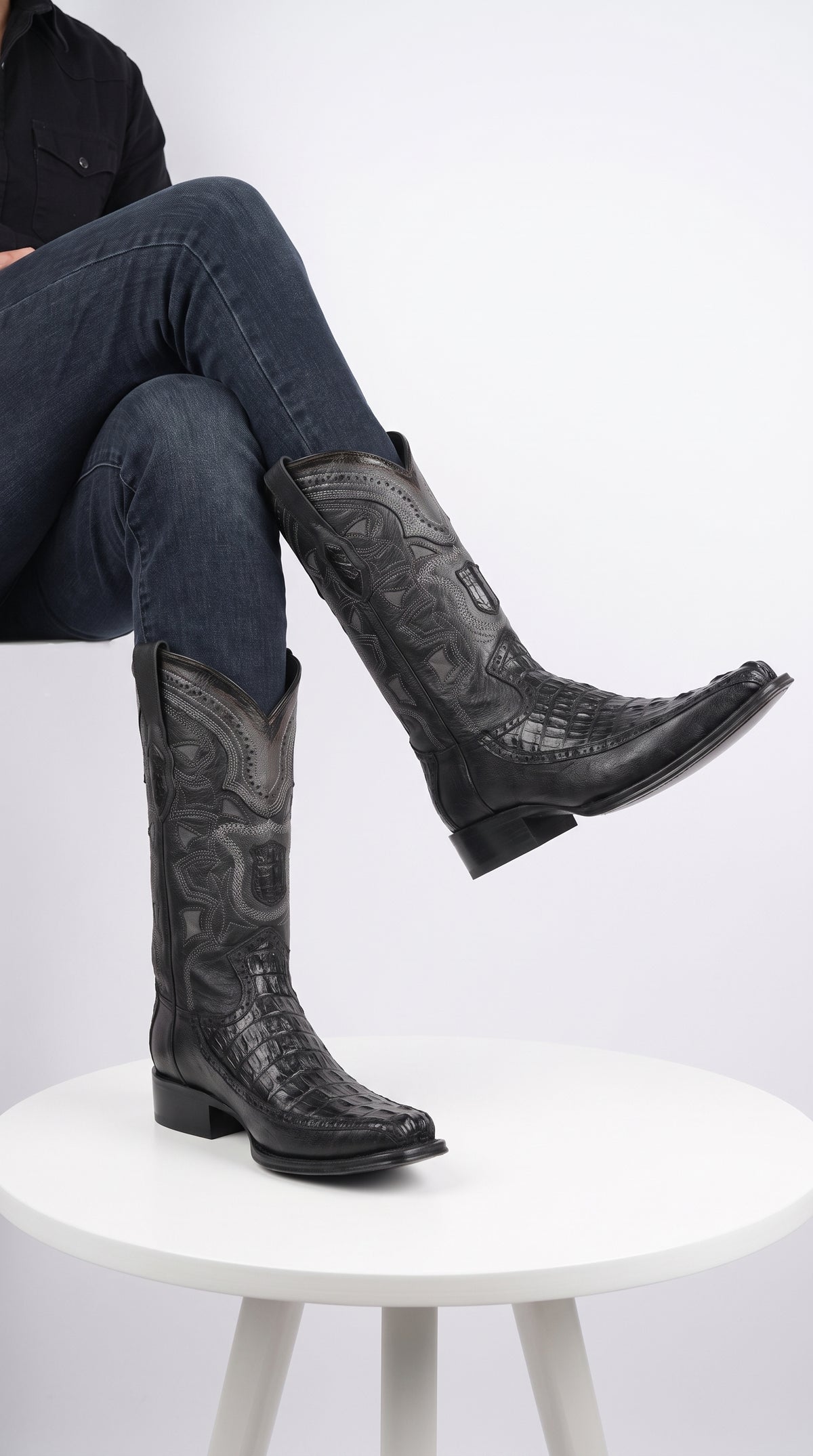 Men’s Black Caiman Crocodile and Deer Western Boots LAB-76F0105, European Toe Exotic Cowboy Dress Boots