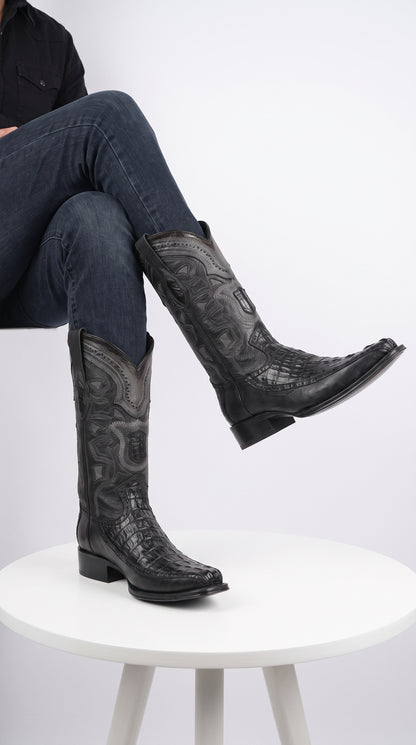 Men’s Black Caiman Crocodile and Deer Western Boots LAB-76F0105, European Toe Exotic Cowboy Dress Boots