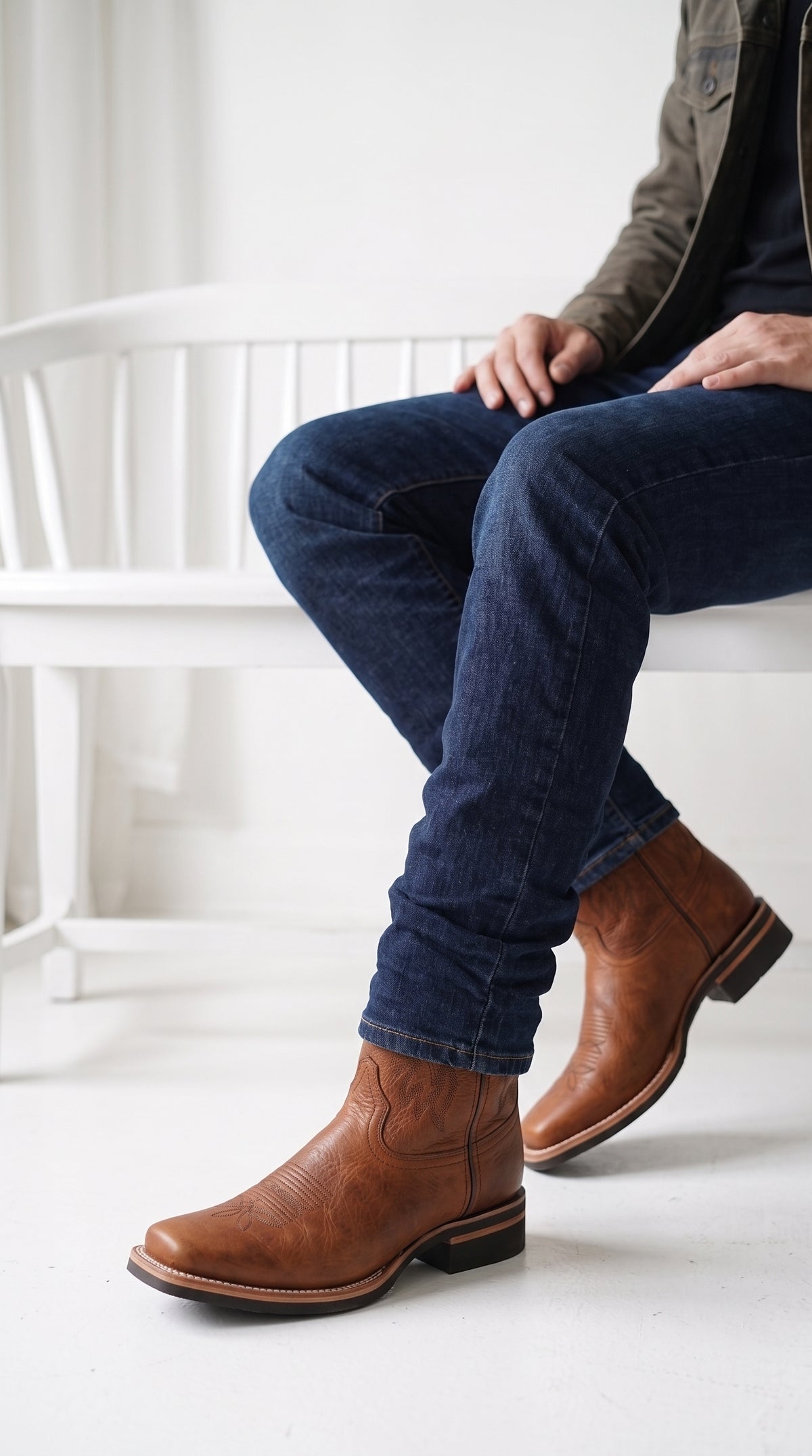 Los Altos Men’s Tan Leather Rodeo Boots, Western Cowboy Square Toe Boots