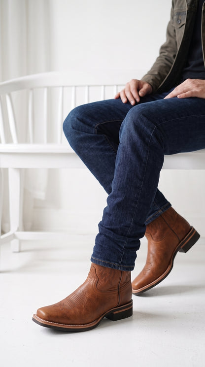 Los Altos Men’s Tan Leather Rodeo Boots, Western Cowboy Square Toe Boots