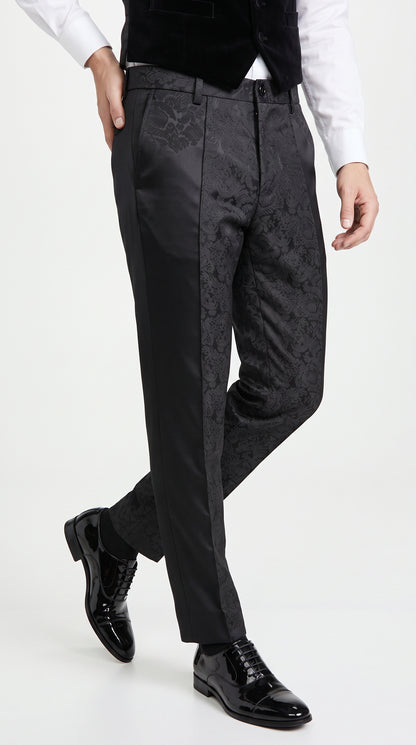 Men’s Black Paisley Dress Pants, Formal Pattern Tuxedo Pants for Weddings Prom and Parties