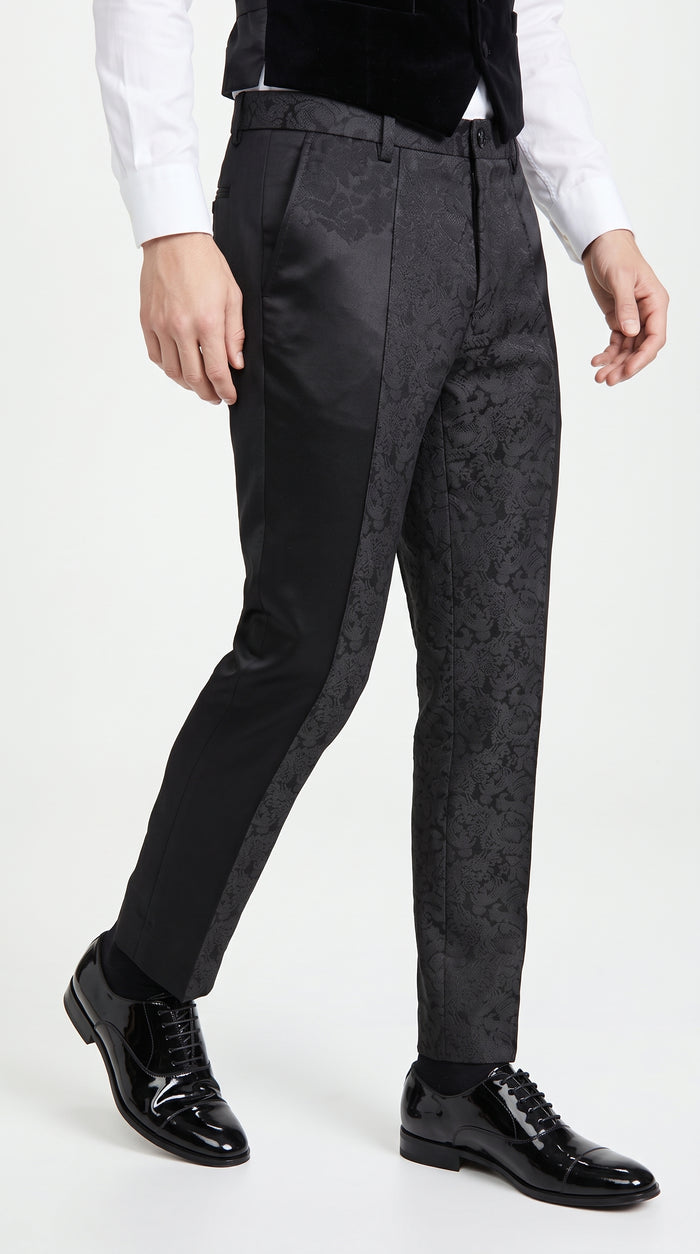 Men’s Black Paisley Dress Pants, Formal Pattern Tuxedo Pants for Weddings Prom and Parties