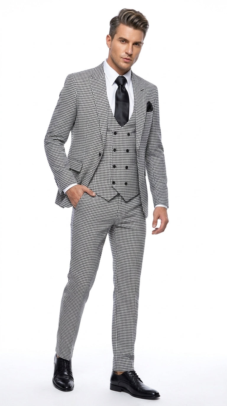 Men’s Black & White Houndstooth Check 3-Piece Pure Wool Suit with Double-Breasted Vest & Flat Front Pants