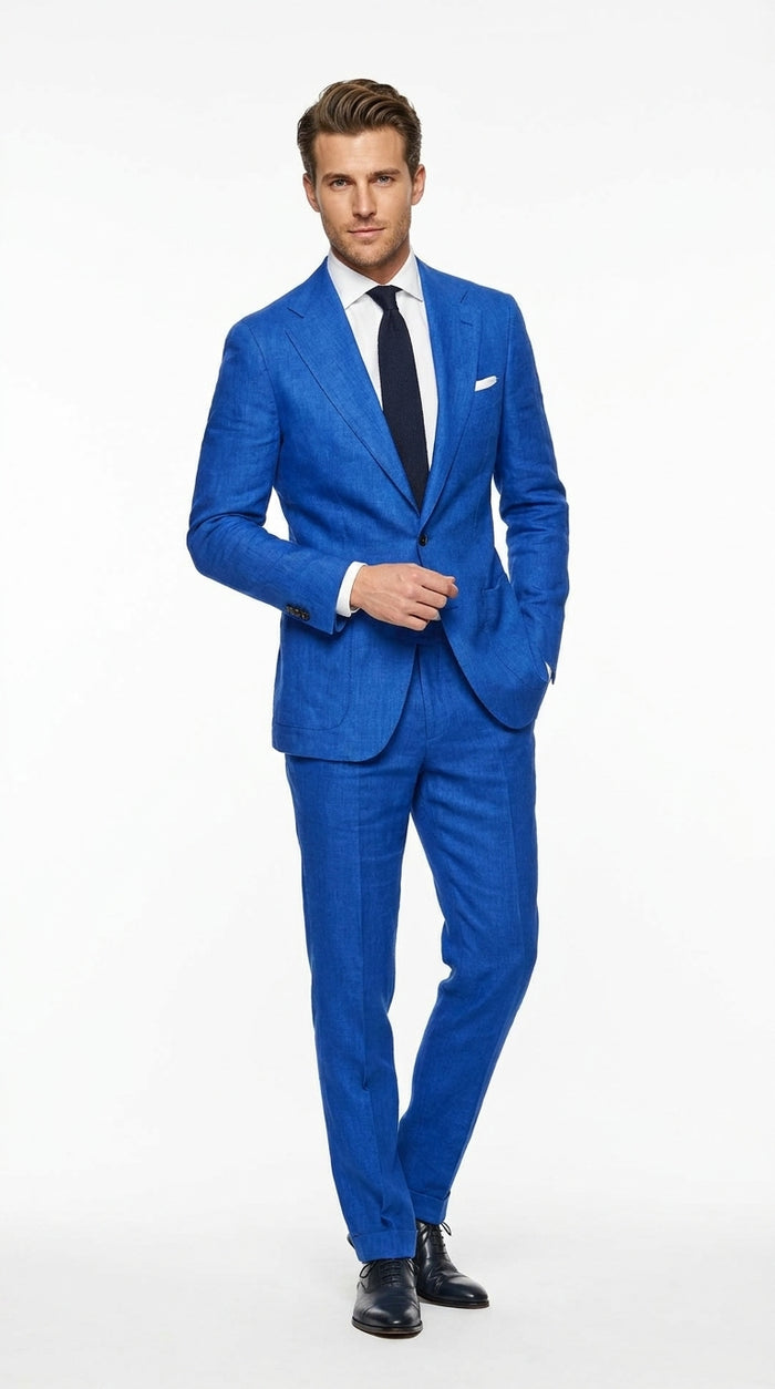Men's Royal Blue Linen Suit – Modern Fit 2-Piece Tiffany Blue Wedding, Summer & Formal Suit