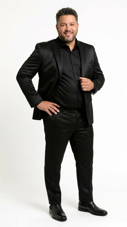 Men’s Black Satin Flex 2 Piece Suit, Slim Fit Sport Coat and Matching Pants Formal Dress Suit